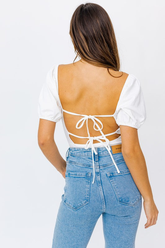 Balloon Elbow Sleeve Open Back Bodysuit