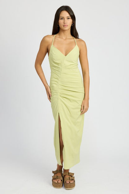 RUCHED SATIN DRESS WITH CROSSED BACK